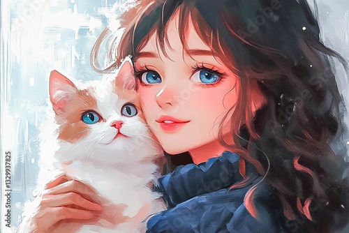 Young woman with dark curly hair holding a fluffy white and orange cat, smiling softly, surrounded by bright light