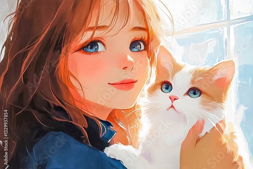 Young woman with dark curly hair holding a fluffy white and orange cat, smiling softly, surrounded by bright light