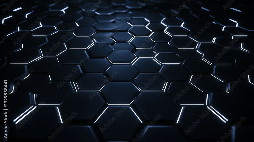 Fototapeta premium Futuristic hexagonal grid with glowing blue neon edges, high-tech abstract background