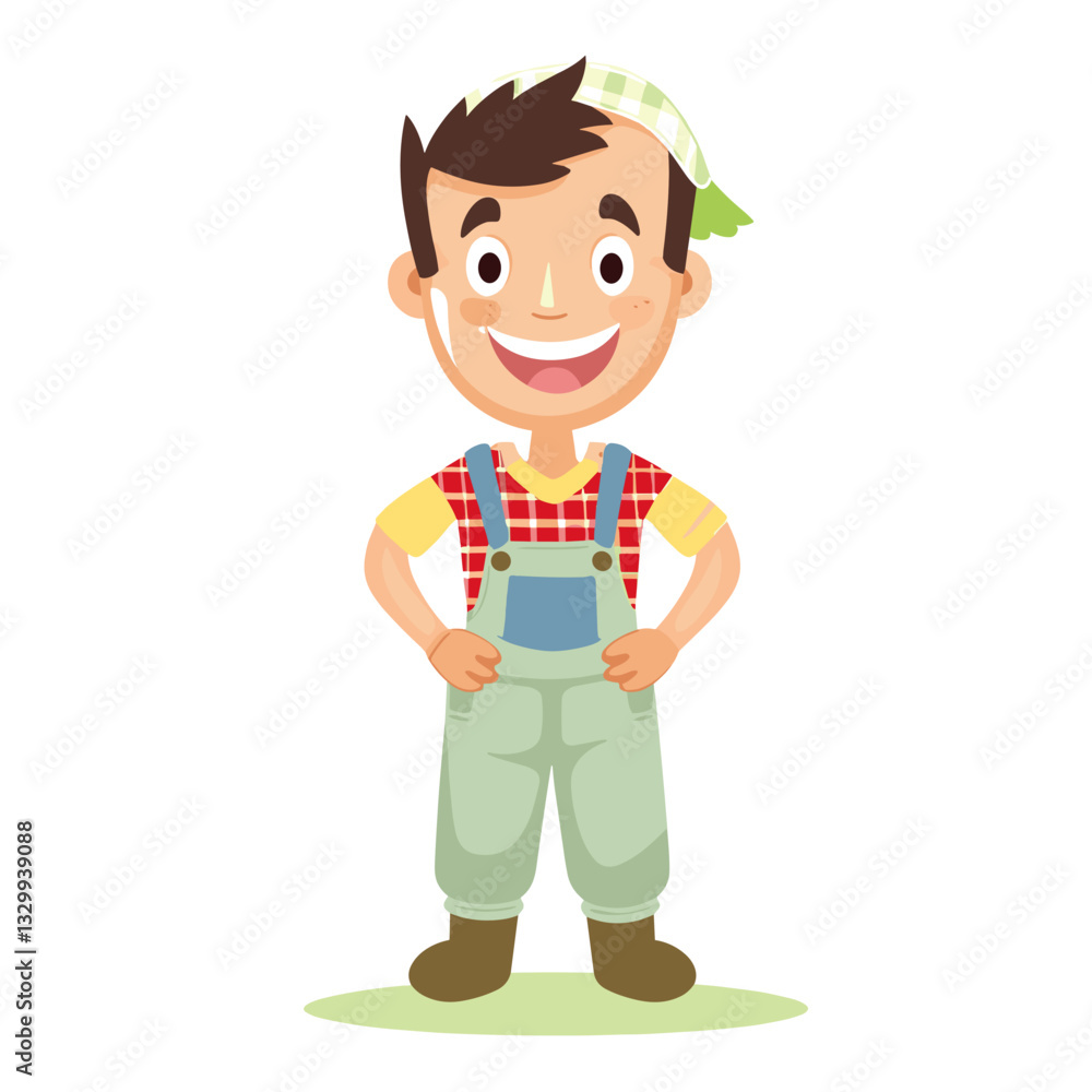 Happy young farmer in overalls standing with hands on hips Happy young farmer in overalls standing with hands on hips