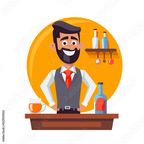 Smiling bartender standing behind a counter with drinks in the background


