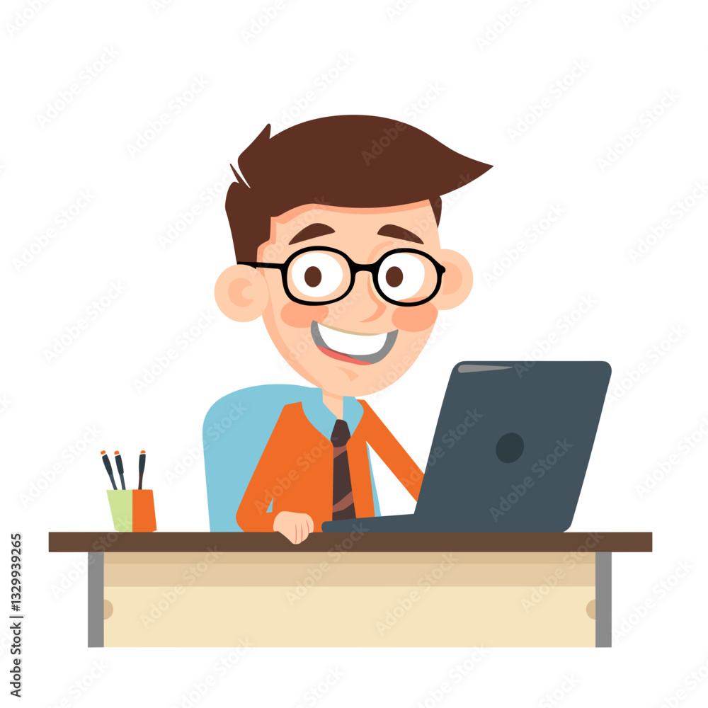A smiling cartoon office worker wearing glasses, sitting at a desk with a laptop, representing corporate and administrative work A smiling cartoon office worker wearing glasses, sitting at a desk with a laptop, representing corporate and administrative work