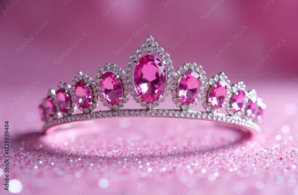 sparkling silver tiara adorned with pink gemstones on pink glitter background. elegance and luxury concept. fashion accessory, jewelry design, princess theme, party invitation. sparkling silver tiara adorned with pink gemstones on pink glitter background. elegance and luxury concept. fashion accessory, jewelry design, princess theme, party invitation.