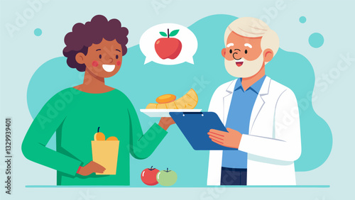 A dietitian presents a customized meal plan to a senior taking into account their specific dietary needs and preferences promoting a wellbalanced and nourishing diet for healthy. Vector illustration