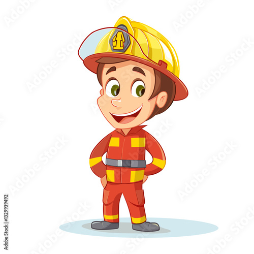 A brave cartoon firefighter in a red uniform with yellow stripes, standing confidently, representing safety and emergency services

