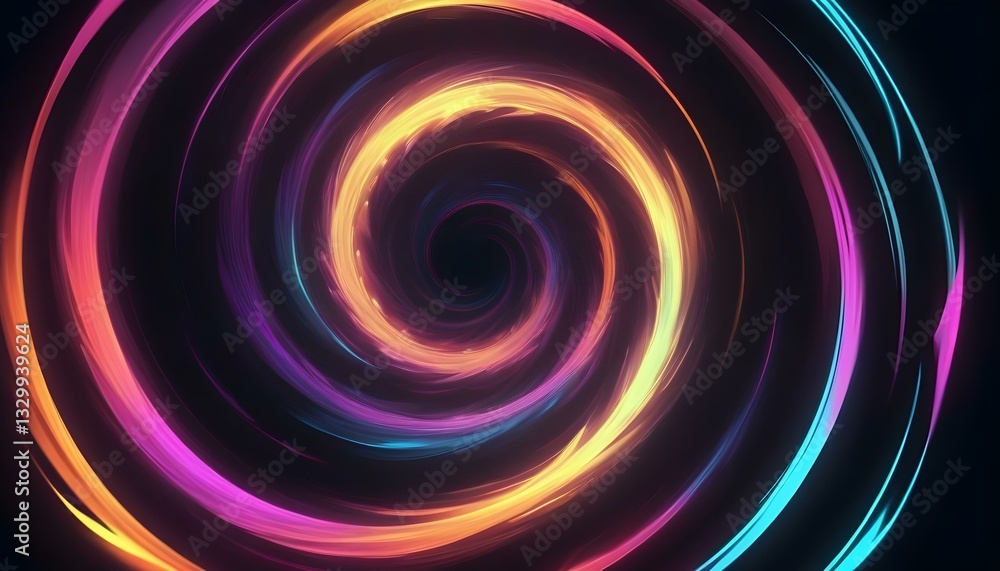 Abstract digital rendering of a swirling vortex of light against a dark background, neon color palette Abstract digital rendering of a swirling vortex of light against a dark background, neon color palette