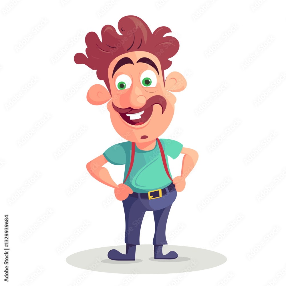 A happy cartoon man with curly hair and a mustache, wearing suspenders, standing confidently with hands on his waist A happy cartoon man with curly hair and a mustache, wearing suspenders, standing confidently with hands on his waist