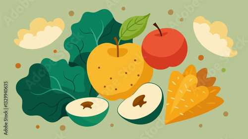 An array of delicious and nutritious organic snacks like baked apple chips crunchy kale s and turmericed nuts.. Vector illustration