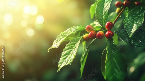 Coffee cherries glisten in the sunlight as rain nourishes the lush foliage in a vibrant coffee plantation