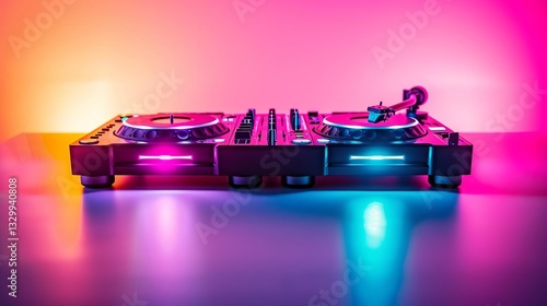 Professional dj turntable set up for live music events with vinyl records and headphones in a nightclub environment
