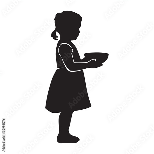 Silhouette of Child Holding Bowl Symbolizing Hunger or Hope

