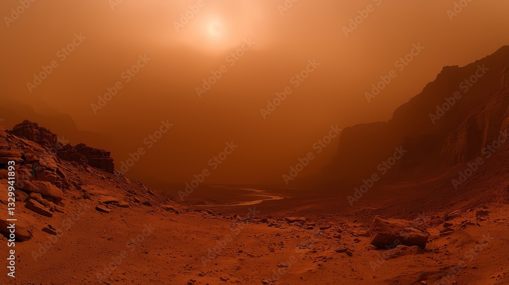 Desolate desert landscape with a large rock formation in the foreground. The sky is orange and the sun is setting Desolate desert landscape with a large rock formation in the foreground. The sky is orange and the sun is setting