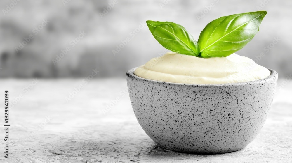 a white bowl filled with creamy mashed potatoes and topped with fresh basil leaves The background is slightly blurred, giving the focus to the bowl of mashed potat a white bowl filled with creamy mashed potatoes and topped with fresh basil leaves The background is slightly blurred, giving the focus to the bowl of mashed potat