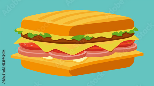 The goldenbrown perfectly pressed exterior of a Cuban sandwich revealing the succulent layers of meat and cheese within.. Vector illustration