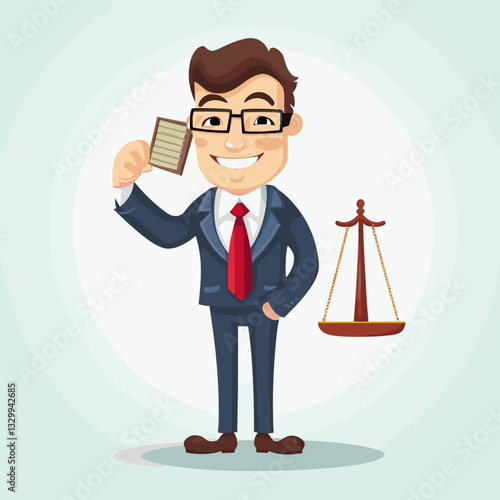 A confident cartoon lawyer in a suit, holding a book and standing next to a justice scale, symbolizing law and legal services