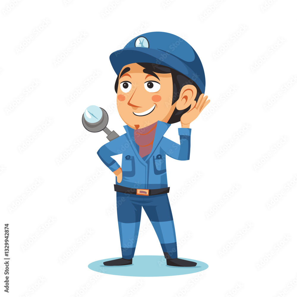 A smiling cartoon mechanic in a blue uniform and helmet holding a wrench and listening, symbolizing repair and maintenance services A smiling cartoon mechanic in a blue uniform and helmet holding a wrench and listening, symbolizing repair and maintenance services