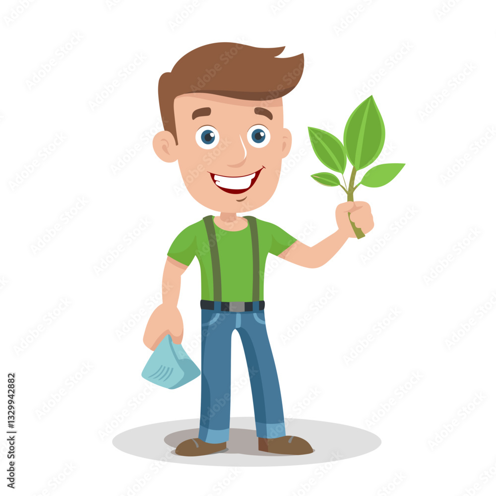 A cheerful cartoon farmer in casual clothes holding a small plant in one hand and a watering can in the other, symbolizing agriculture and sustainability A cheerful cartoon farmer in casual clothes holding a small plant in one hand and a watering can in the other, symbolizing agriculture and sustainability