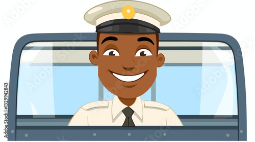 A cheerful cartoon taxi driver in a uniform and hat smiling through the car window, symbolizing public transportation services