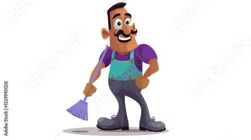 A friendly cartoon janitor in work overalls holding a mop and smiling, representing cleaning services and maintenance work