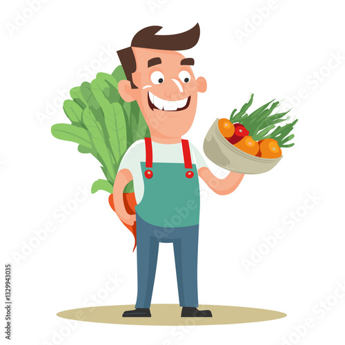 A cheerful cartoon farmer wearing an apron, holding fresh vegetables and a basket, symbolizing agriculture and organic farming