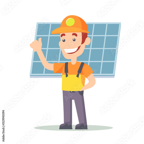 A smiling cartoon solar panel technician wearing an orange hard hat and uniform, giving a thumbs-up while standing in front of solar panels