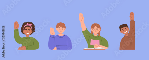 Students raising hands in classroom illustration