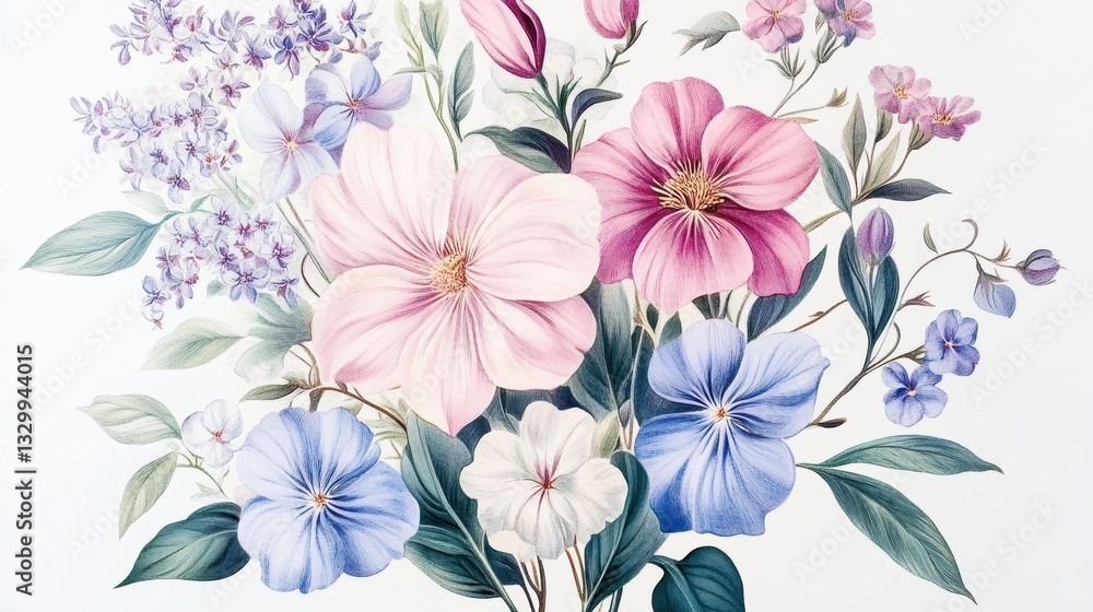 Elegant oil painting with pink and small lilac flowers on white background, vintage clipart Elegant oil painting with pink and small lilac flowers on white background, vintage clipart