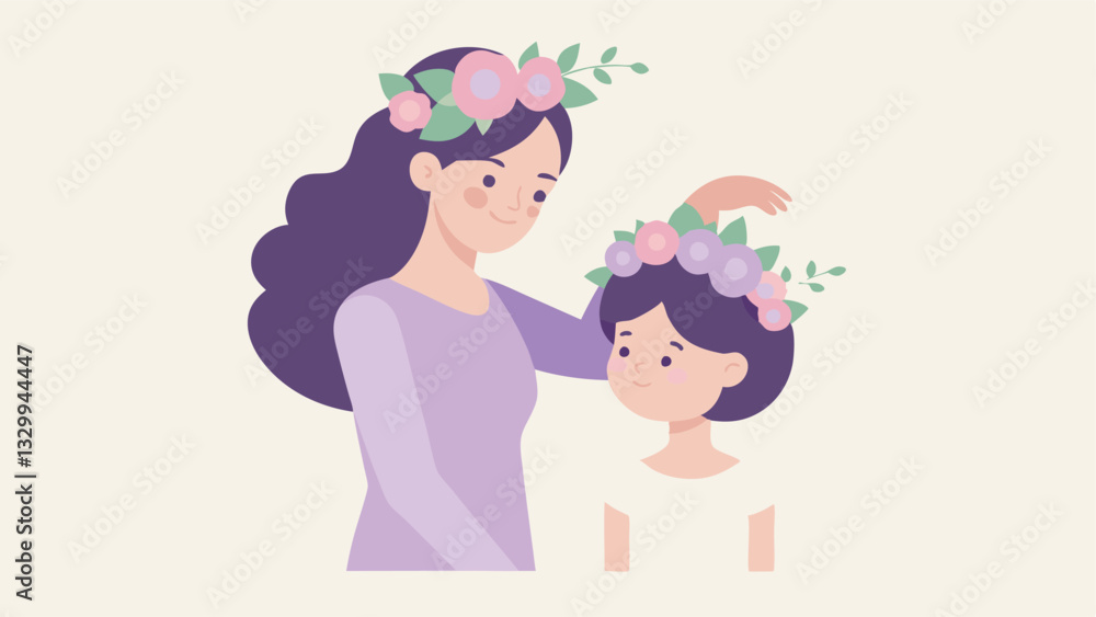 Mother's Day Love: Tender Moment of a Mom Placing a Delicate Flower Crown on Her Daughter's Head, Celebrating a Bond of Love and Happiness with a Flat Color Illustration Style,    