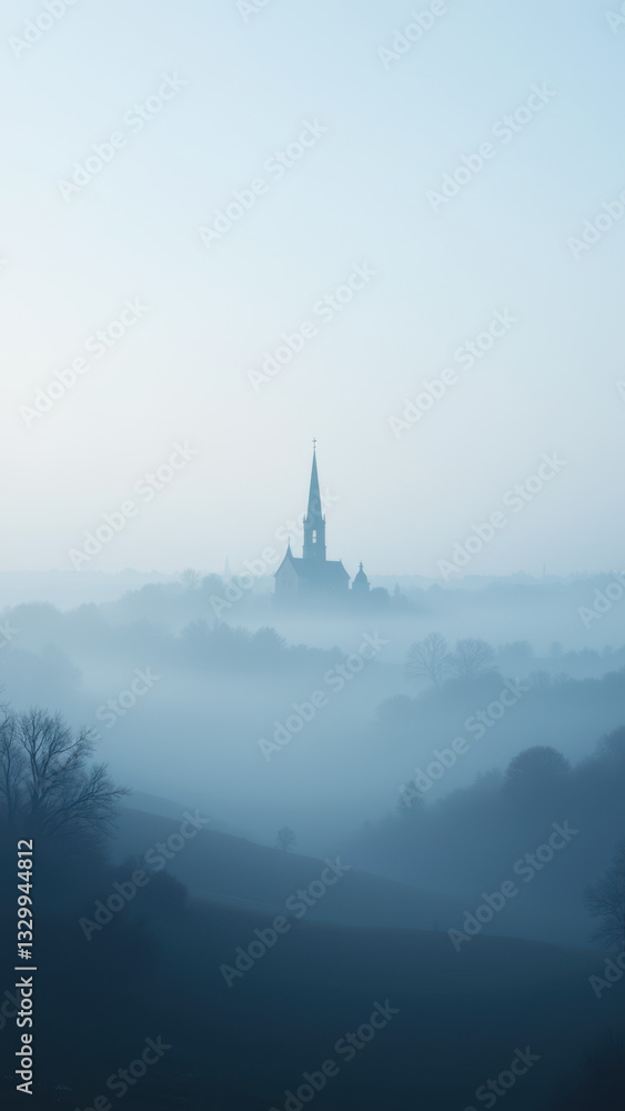 Fototapeta premium A serene landscape with a church silhouetted against the foggy backdrop of hills.
