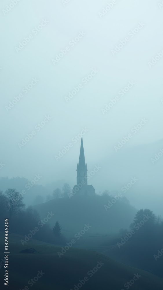 Fototapeta premium Misty hillside landscape with a church and a cross.