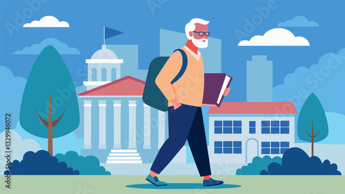 A man in his 70s proudly walks across the university campus his backpack filled with textbooks.. Vector illustration