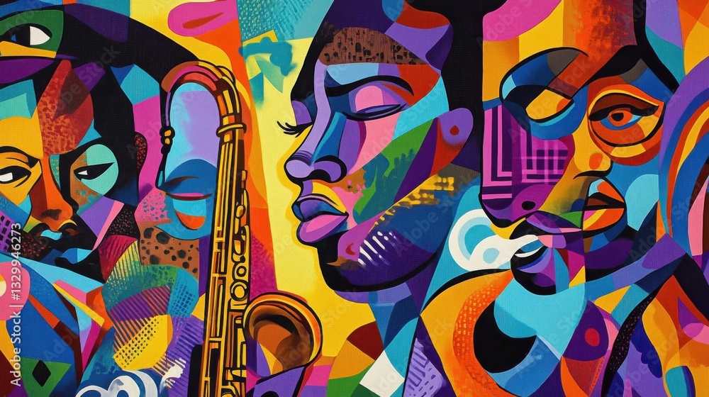 Obraz premium A vibrant abstract mural style wallpaper that celebrates the harlem renaissance, blending music, literature, and art. black history month concept. Mural. Illustration