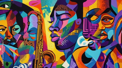 A vibrant abstract mural style wallpaper that celebrates the harlem renaissance, blending music, literature, and art. black history month concept. Mural. Illustration