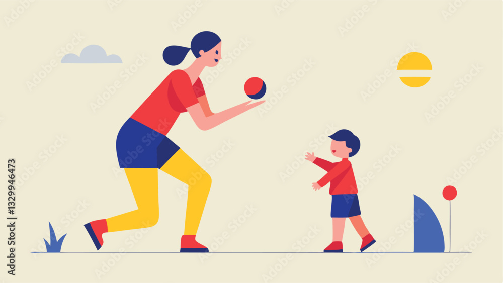 Fototapeta premium Joyful Mother's Day: Minimalist Illustration of Mom and Toddler Playing Catch in a Sunny Park, Celebrating Family Love and Happy Moments. Perfect for cards, websites, and social 