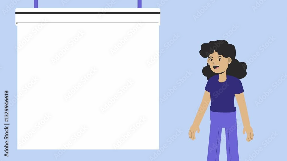 Cute Girl Waving and Presenting on Retractable Blank White Screen Business Presentation Animation Cute Girl Waving and Presenting on Retractable Blank White Screen Business Presentation Animation