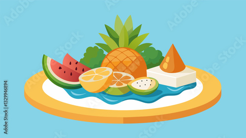 An islandinspired dessert platter featuring a mix of tropical fruits such as guava pineapple and coconut drizzled with honey.. Vector illustration