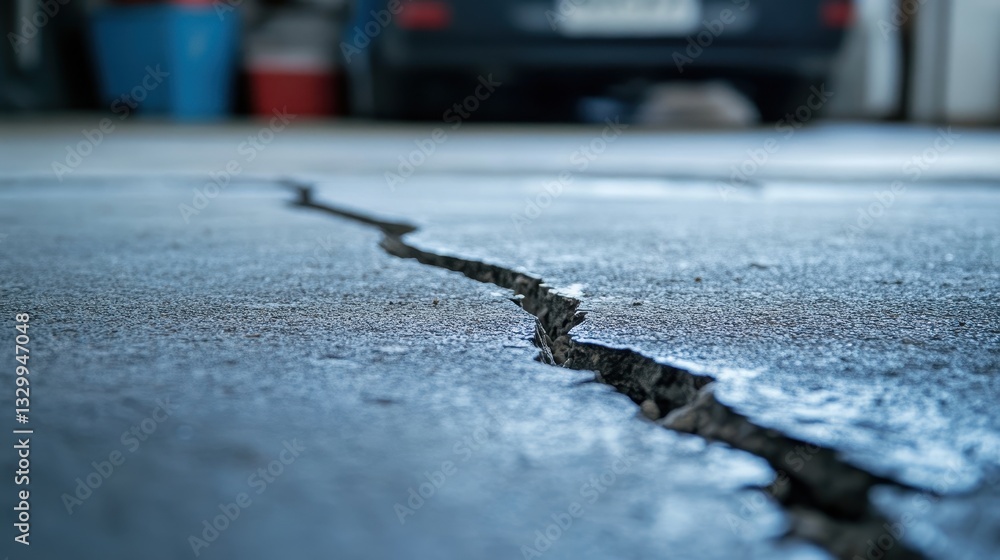 Fototapeta premium Close-up of a cracked concrete floor in a garage, highlighting wear and structural issues.