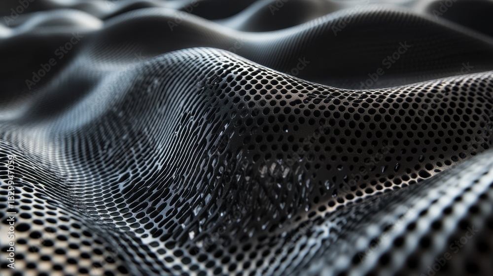 Abstract black mesh surface with wave-like structures, creating a dynamic and textured visual impact. Abstract black mesh surface with wave-like structures, creating a dynamic and textured visual impact.