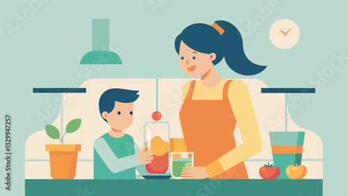 Happy Mother's Day: A Healthy Smoothie Tradition! A heartwarming flat color illustration depicting a loving mother and child bonding while preparing a vibrant, healthy smoothie    
