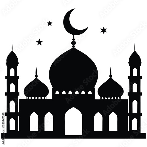 Silhouette of a Mosque with domes minarets and a crescent moon symbol
