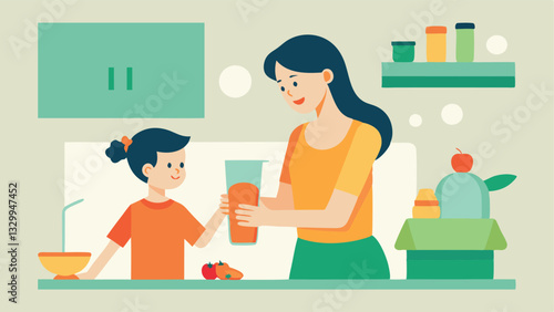 Happy Mother's Day! A loving mom and her child bond while preparing a delicious and healthy green smoothie together. A vibrant, colorful illustration perfect for Mother's Day      