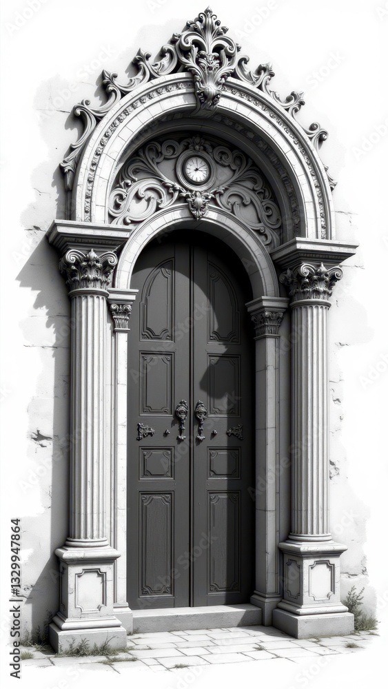 A grand gothic church entrance with a large wooden door. A grand gothic church entrance with a large wooden door.