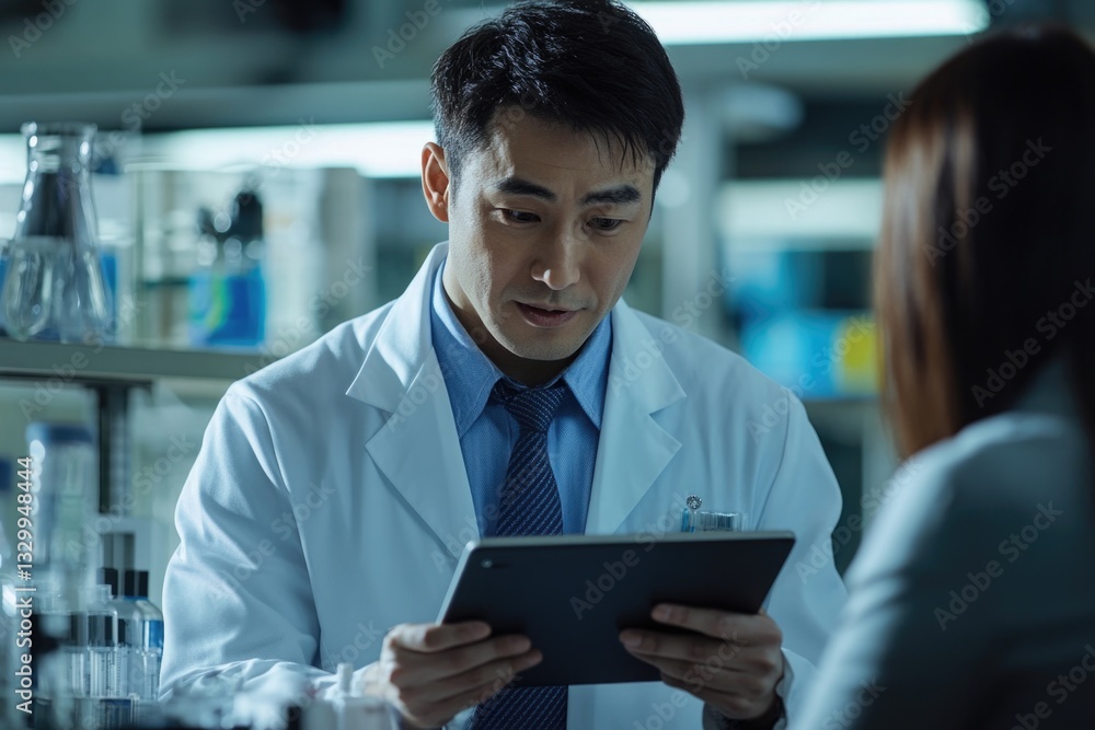 Fototapeta premium A Japanese engineer holding a tablet while speaking to a female industrial customer