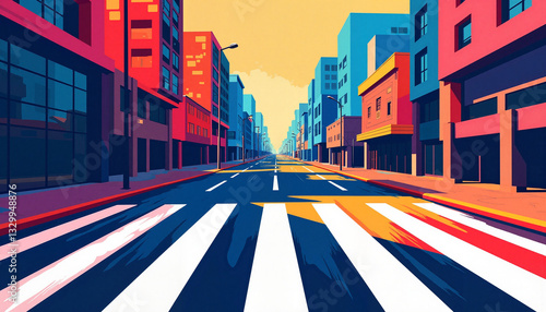 Bold geometric pedestrian crossing in vibrant urban scene, movement