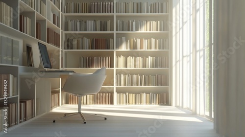 Bright Home Office with White Bookshelves and Sunlight