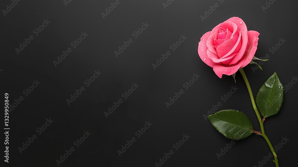 a single pink rose with water droplets on it, set against a black background The rose is vibrant and full of life, with its petals and leaves standing out against a single pink rose with water droplets on it, set against a black background The rose is vibrant and full of life, with its petals and leaves standing out against