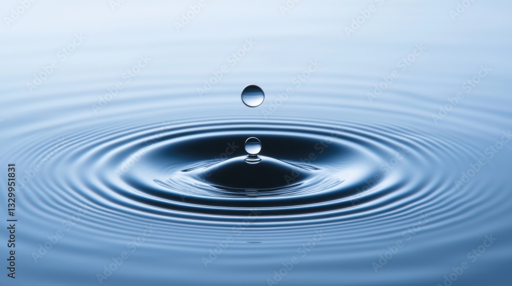 a single drop of water falling into a pool of water, creating ripples in the surface The water droplet is in the center of the image, suspended in mid-air, and the a single drop of water falling into a pool of water, creating ripples in the surface The water droplet is in the center of the image, suspended in mid-air, and the