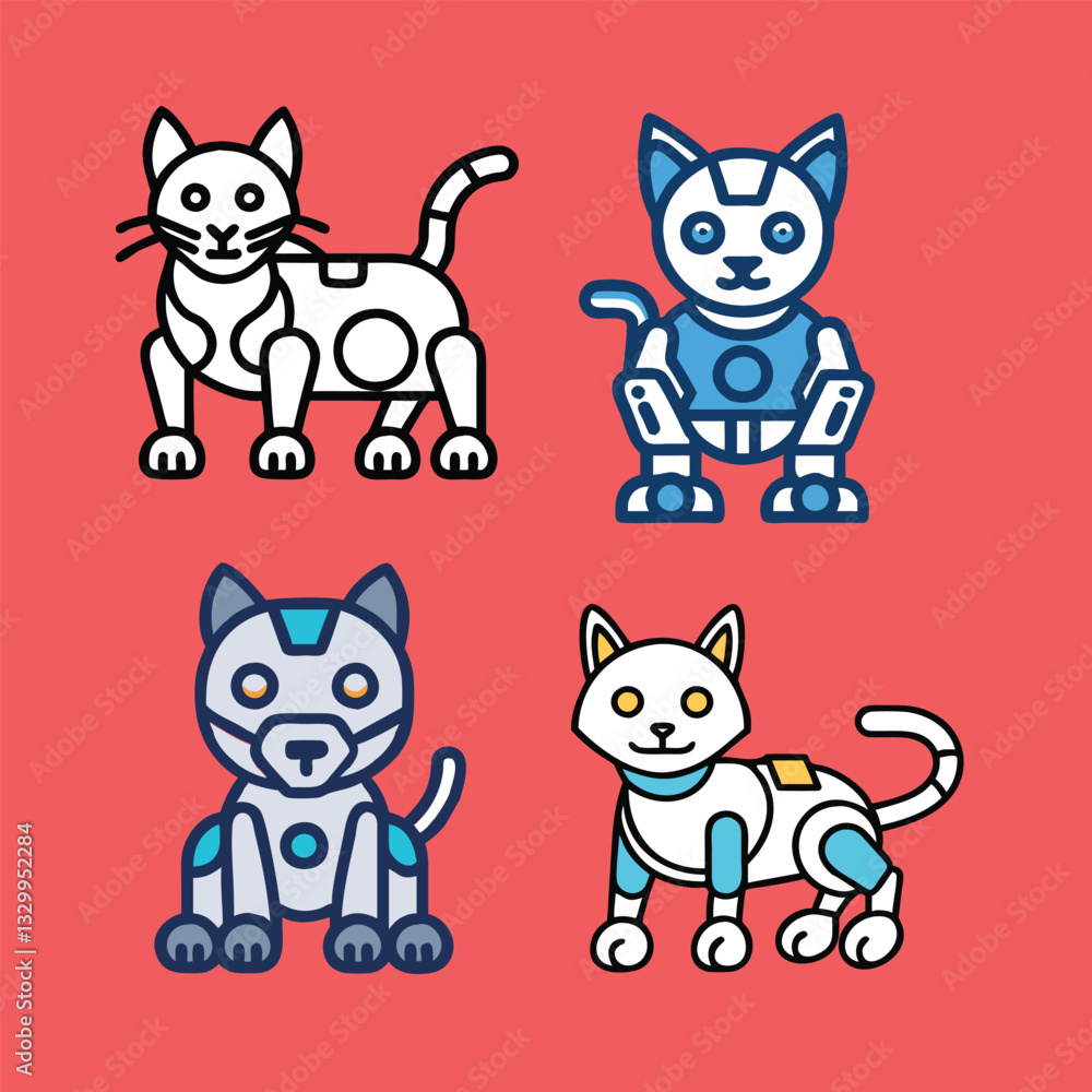 Set of Sunny Cartoon Robot Cats for design Set of Sunny Cartoon Robot Cats for design