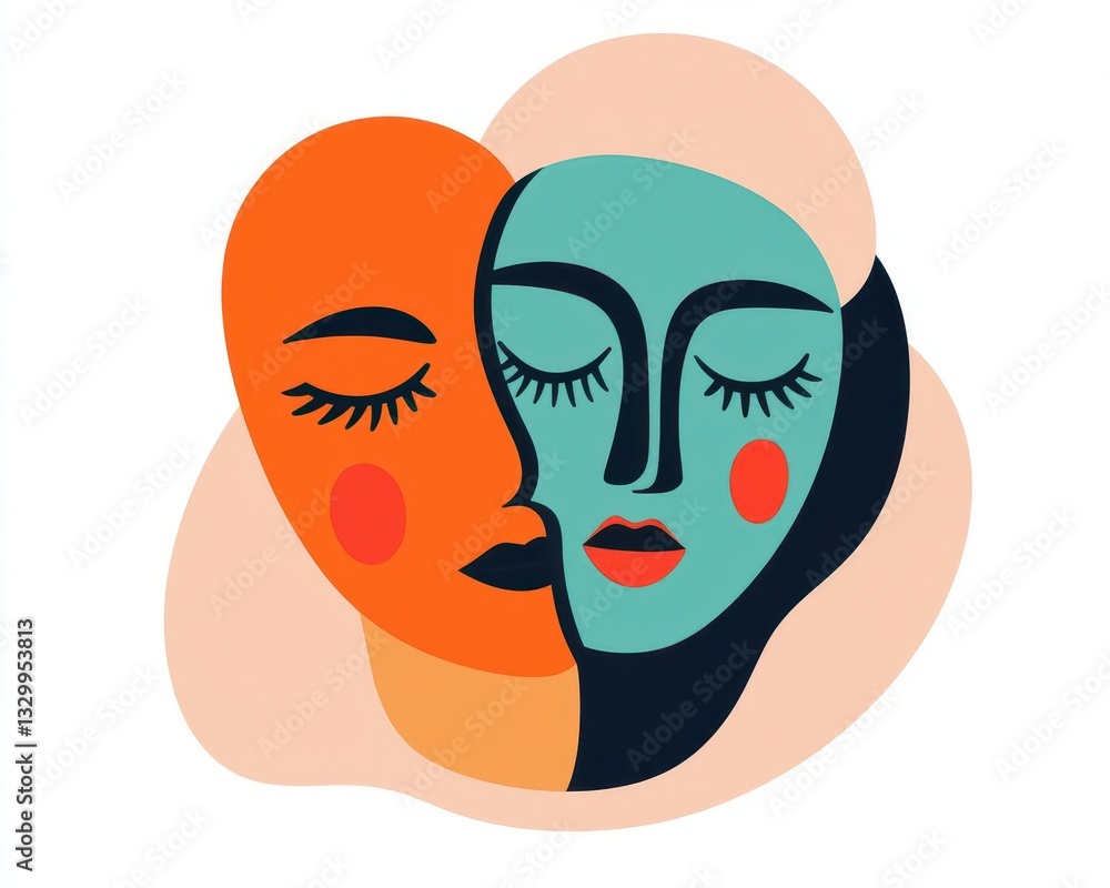 Lineart illustration of two theatre masks blending into each other, Theatre Arts, Minimalist duality Lineart illustration of two theatre masks blending into each other, Theatre Arts, Minimalist duality