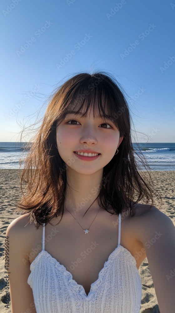 A Japanese girl with middle-length hair and bangs, wearing a white top, stands on the beach. A Japanese girl with middle-length hair and bangs, wearing a white top, stands on the beach.